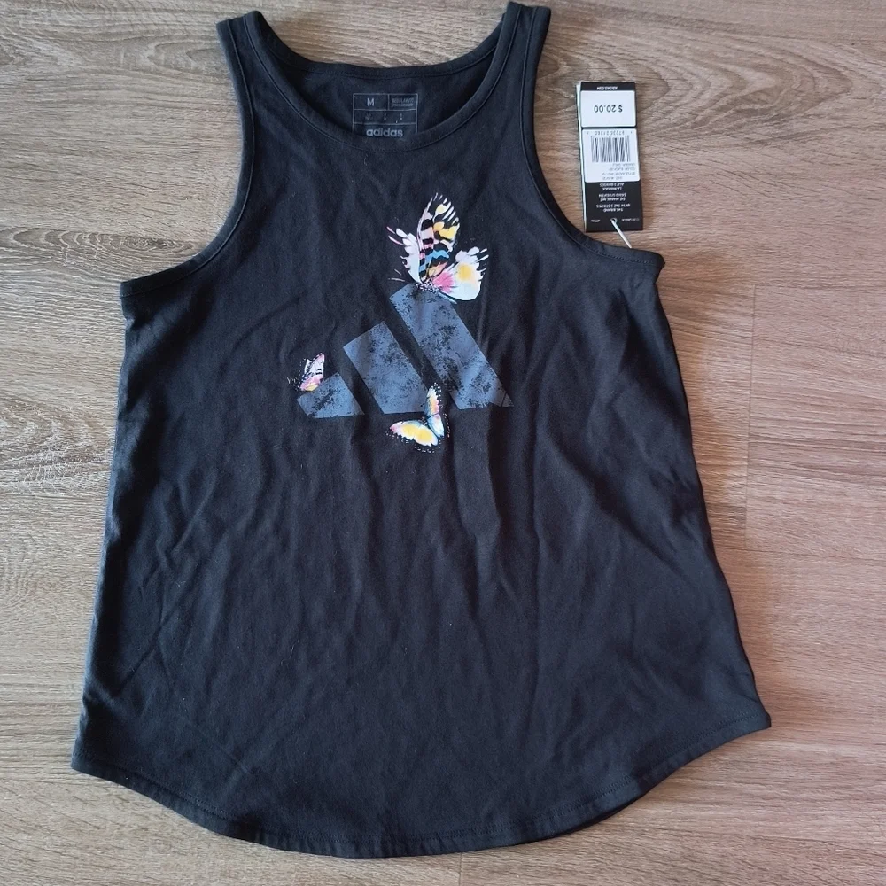 Girls Adidas Sleeveless Black T-shirt Tank Top Butterfly's Size Medium 10/12